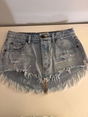 One Teaspoon Light Blue Distressed Denim Mini Skirt